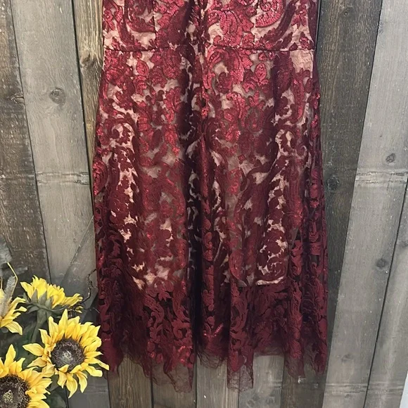 Dress the Population Blair Embellished Fit & Flare Cocktail Dress in Berry/Nude - Picture 8 of 14